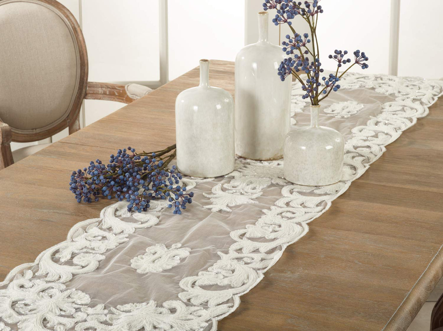 Fennco Styles Hand Beaded & Embroidered Elegant Table Runner - Ivory Table Cover for Home, Dining Room, Banquets, Wedding, Holiday and Special Events