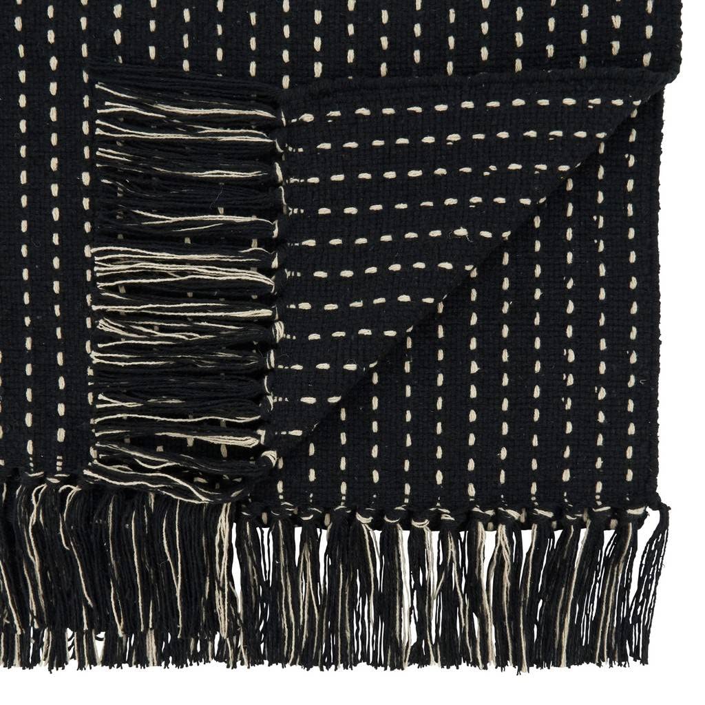 Fennco Styles Stitched Design Tassel Cotton Table Runner 16" W X 72" L - Black Woven Table Cover for Home, Dining Table, Banquets, Thanksgiving, Christmas, Holidays and Special Occasion