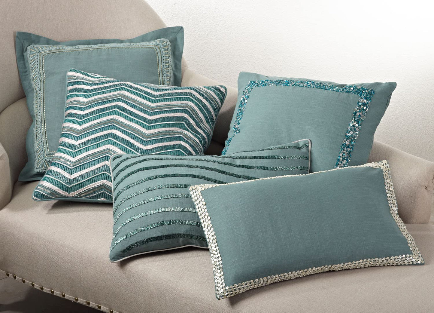 Fennco Styles Hand Beaded Bellissima Zigzag Down Filled Throw Pillow, 17-inch Square