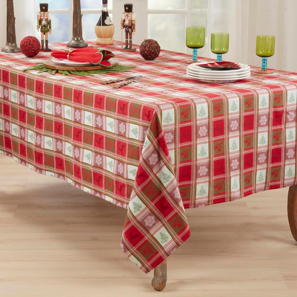 Fennco Styles Holiday Plaid Jacquard Cotton Tablecloth 63" X 84" - Red Christmas Table Cover for Winter Festivals, Family Gathering, Banquets, and Special Occasions