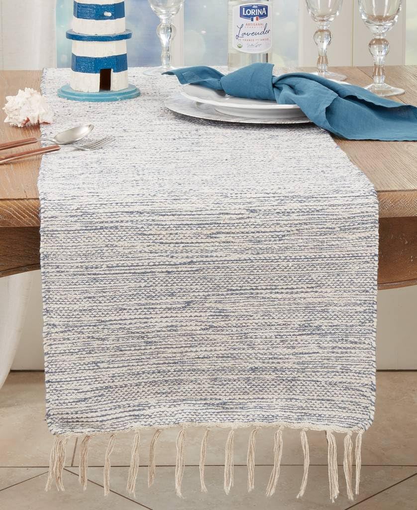 Fennco Styles Delicate Handloom Table Runner with Fringe 16" W x 72" L - Blue Handwoven Table Cover for Home, Dining Room, Banquets, Family Gatherings and Special Occasions