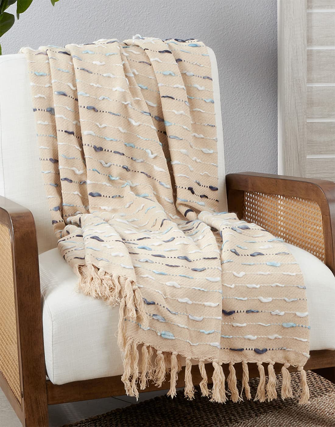 Fennco Styles Modern Striped Tassel Throw Blanket 50" W x 60" L – Blue Woven Textured Blanket for Couch, Bedroom, Living Room, Office Décor and Holidays