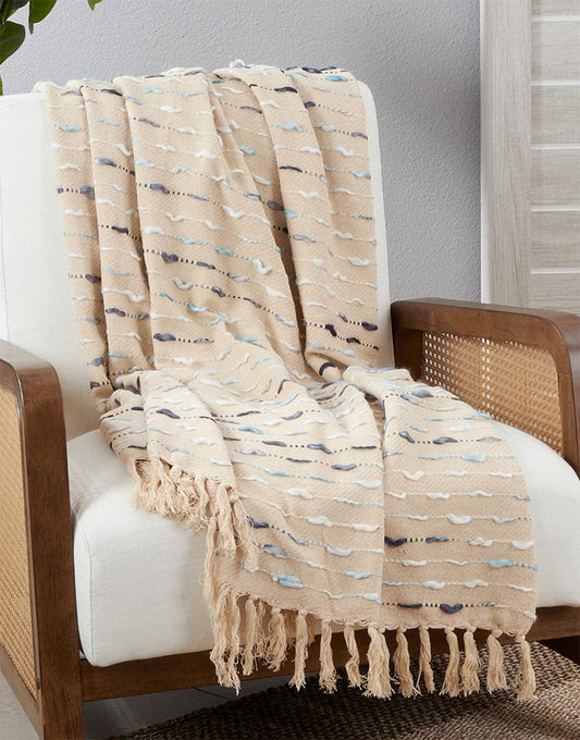 Fennco Styles Modern Striped Tassel Throw Blanket 50" W x 60" L – Blue Woven Textured Blanket for Couch, Bedroom, Living Room, Office Décor and Holidays