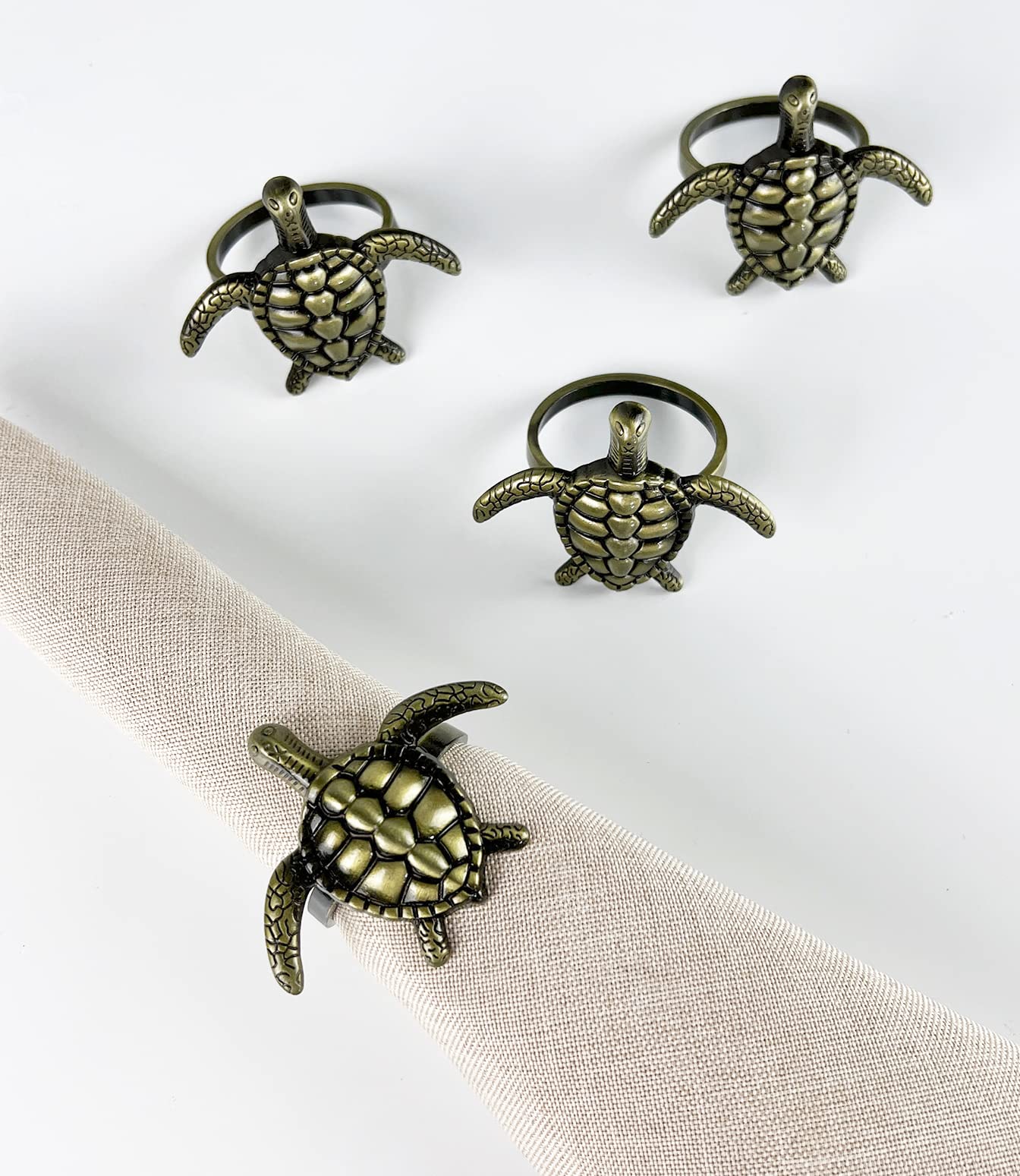 Fennco Styles Nature's Touch Sea Turtle Metal Napkin Rings, Set of 4 – Bronze Sea Creatures Napkin Holders for Family Dinner, Themed Party, Table Décor, Banquets, Holidays and Special Occasion