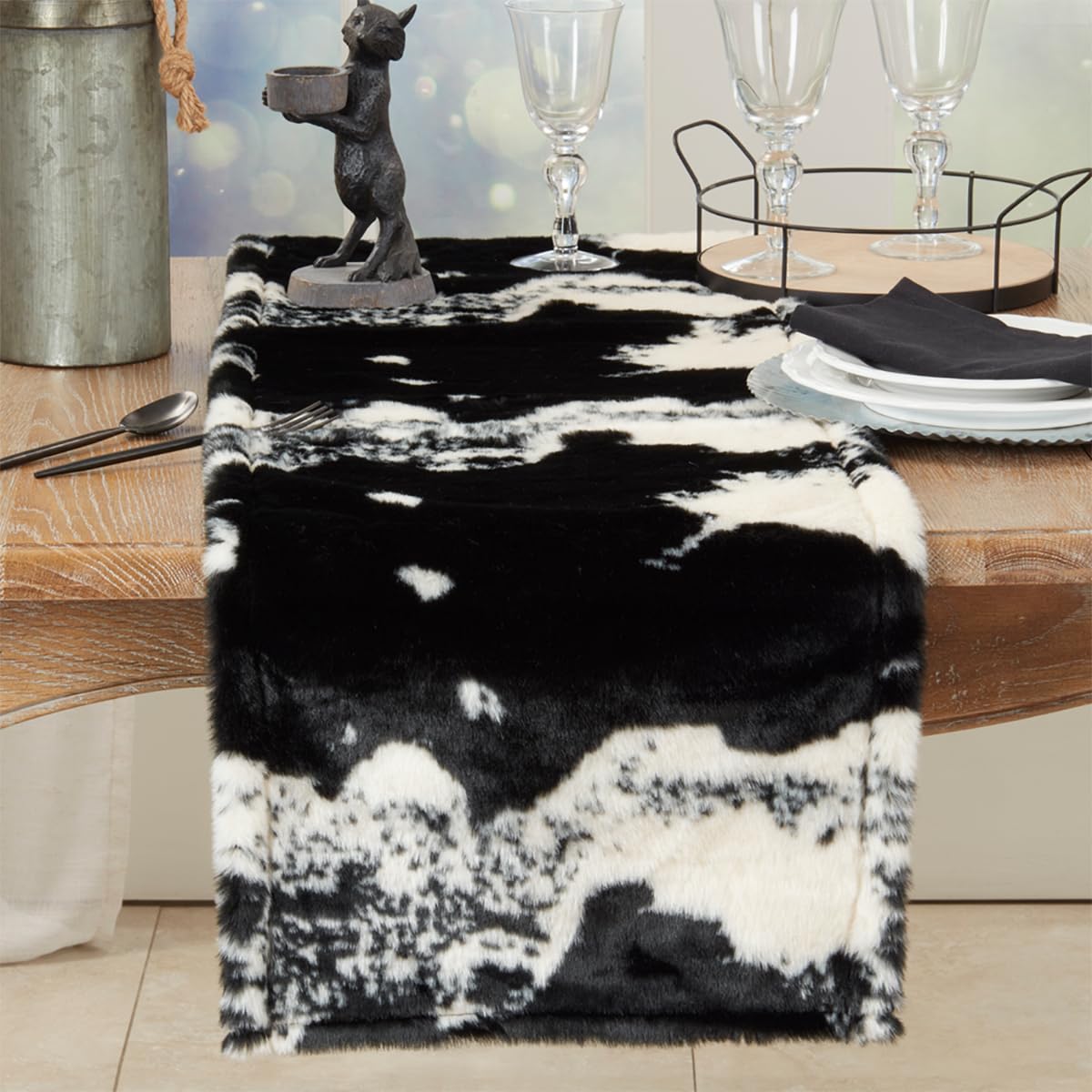 Fennco Styles Rustic Faux Fur Cowhide Table Runner 16 x 72 Inch – Brown Table Runner for Banquets, Family Gathering, Special Events, and Home Décor