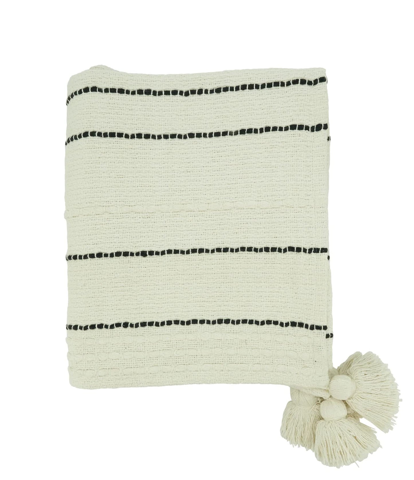 Fennco Styles Stripe Cotton Throw Blanket with Chunky Tassel 50" W x 60" L - Ivory Woven Blanket for Couch, Bedroom, Living Room and Office Décor