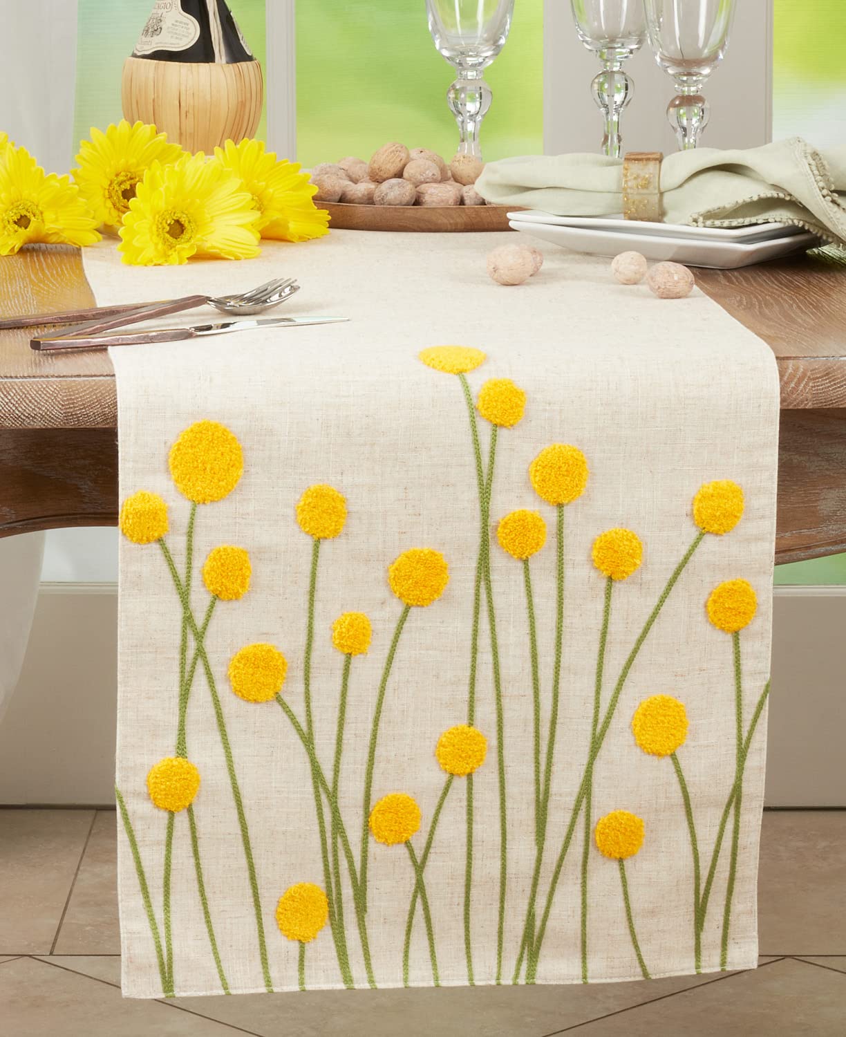 Fennco Styles Embroidered Yellow Flowers Linen Blend Table Runner 16" W x 70" L - Summer Floral Table Cover for Home Décor, Dining Table, Banquet, Everyday Use, Family Gatherings