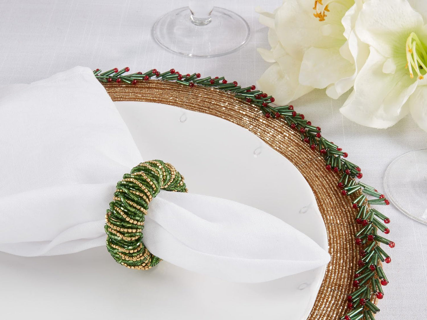 Fennco Styles Hand Beaded Decorative Napkin Rings, Set of 4 - Silver Glass Beads Napkin Holders for Home, Dining Table, Banquet, Christmas, Holiday Décor and Special Occasion
