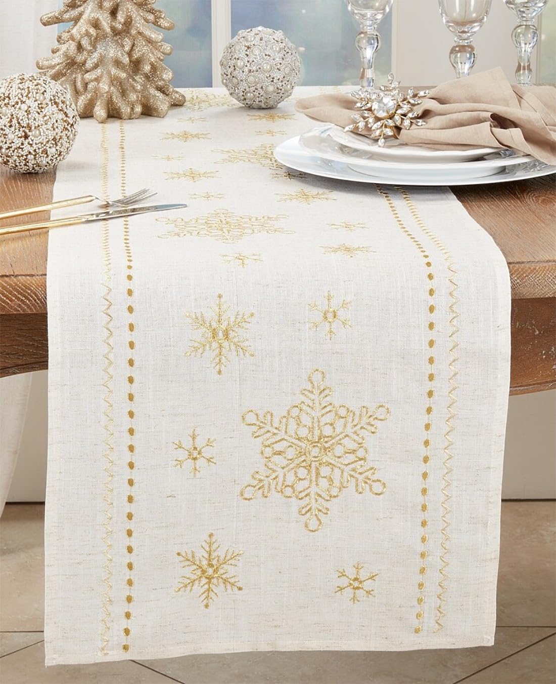 Fennco Styles Metallic Gold Embroidered Snowflake Christmas Table Runner 16" W x 72" L