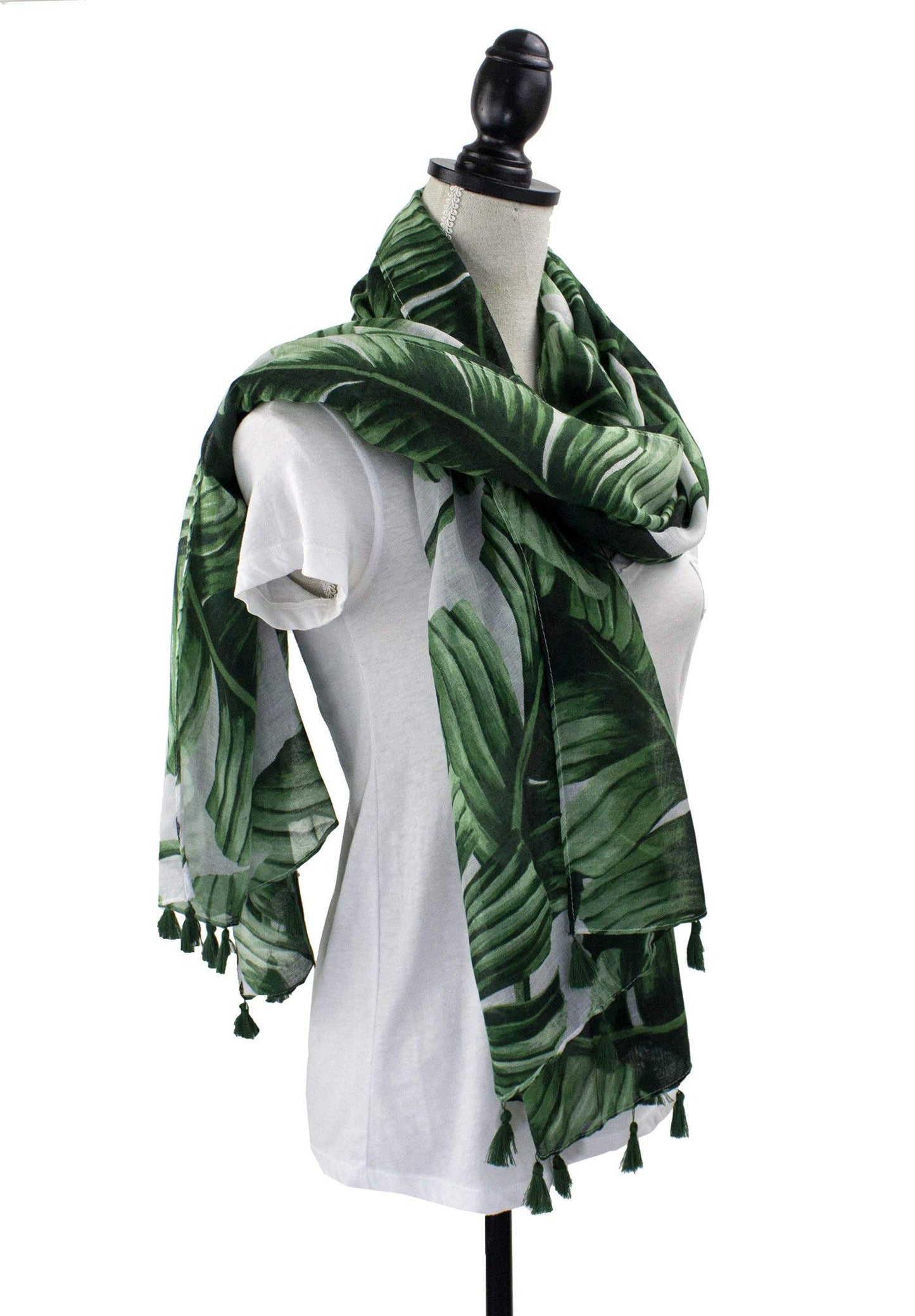 stylesilove Womens Cozy Tassels Oblong Cotton Scarf Lightweight Shawls Wrap (Palm Leaf/Green)