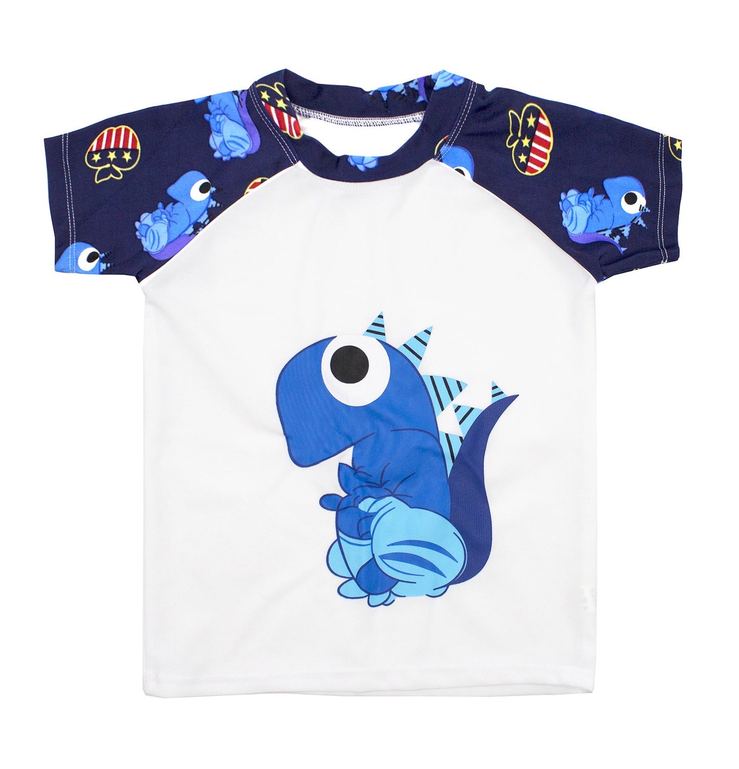 stylesilove Kids Boy Cartoon Dinosaur Shark Rashguard Top & Swim Shorts with Hat 3 pcs Set