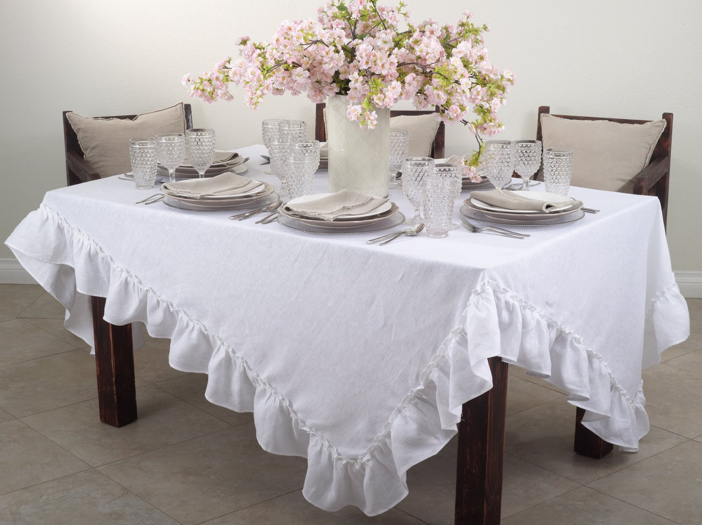 Fennco Styles Margaux Ruffled Design 100% Linen Tablecloth (84"x84",Khaki)