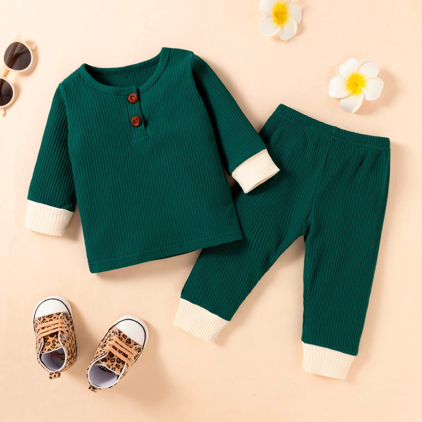 stylesilove Baby Boys Girls Solid Long Sleeve Henley Top & Pants 2pcs Set Unisex Toddler Ribbed Cotton Outfit