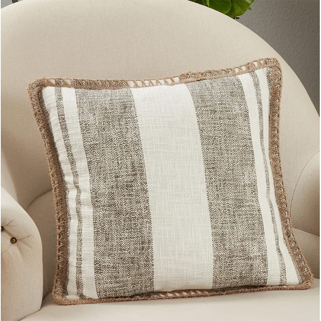 Fennco Styles Striped Whipstitch Cotton Jute Decorative Throw Pillow 18" W x 18" L - Woven Cushion for Home, Couch, Office, Bedroom and Living Room Décor