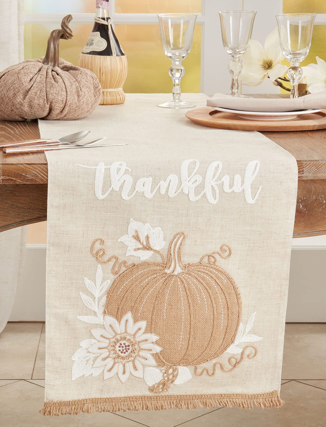 Fennco Styles Embroidered Thankful Pumpkin Linen Blend Table Runner 16" W X 70" L - Natural Holiday Table Cover for Home Décor, Thanksgiving, Banquets, Family Gatherings and Special Occasions