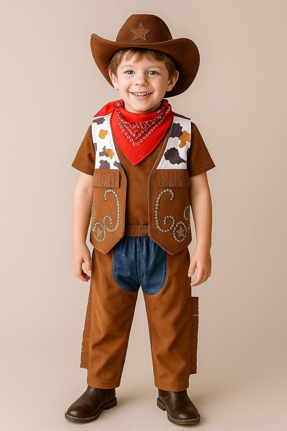 stylesilove Toddler Boy Cowboy 4pcs Outfit with Hat, Vest, Pants & Bandana Brown Clothing Set
