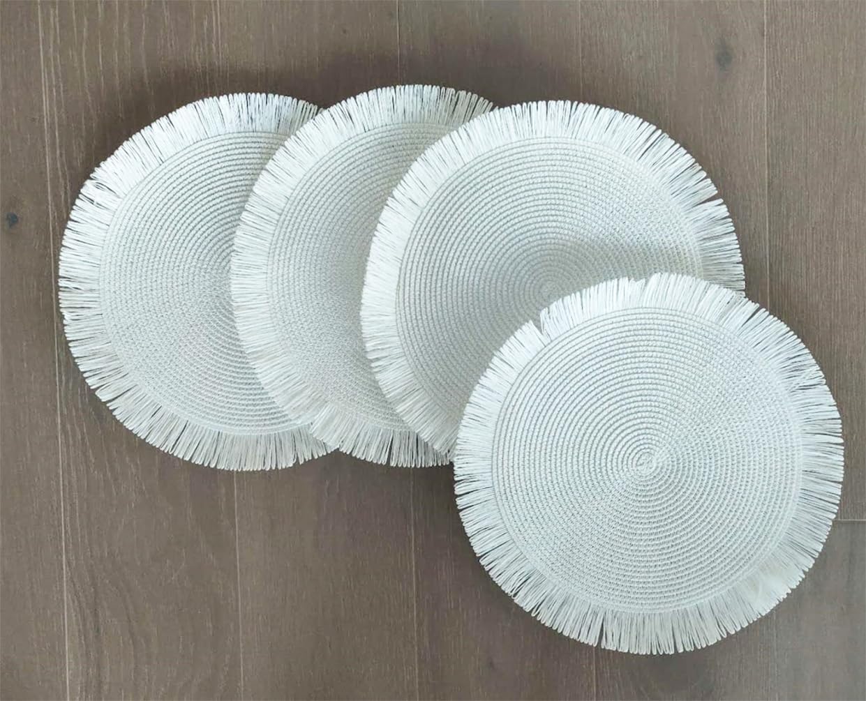 Fennco Styles Handwoven Fringe Boho Placemats 15" Round - Natural Braided Texture Table Mats for Home, Dining Room, Banquets, Family Gathering and Special Occasion