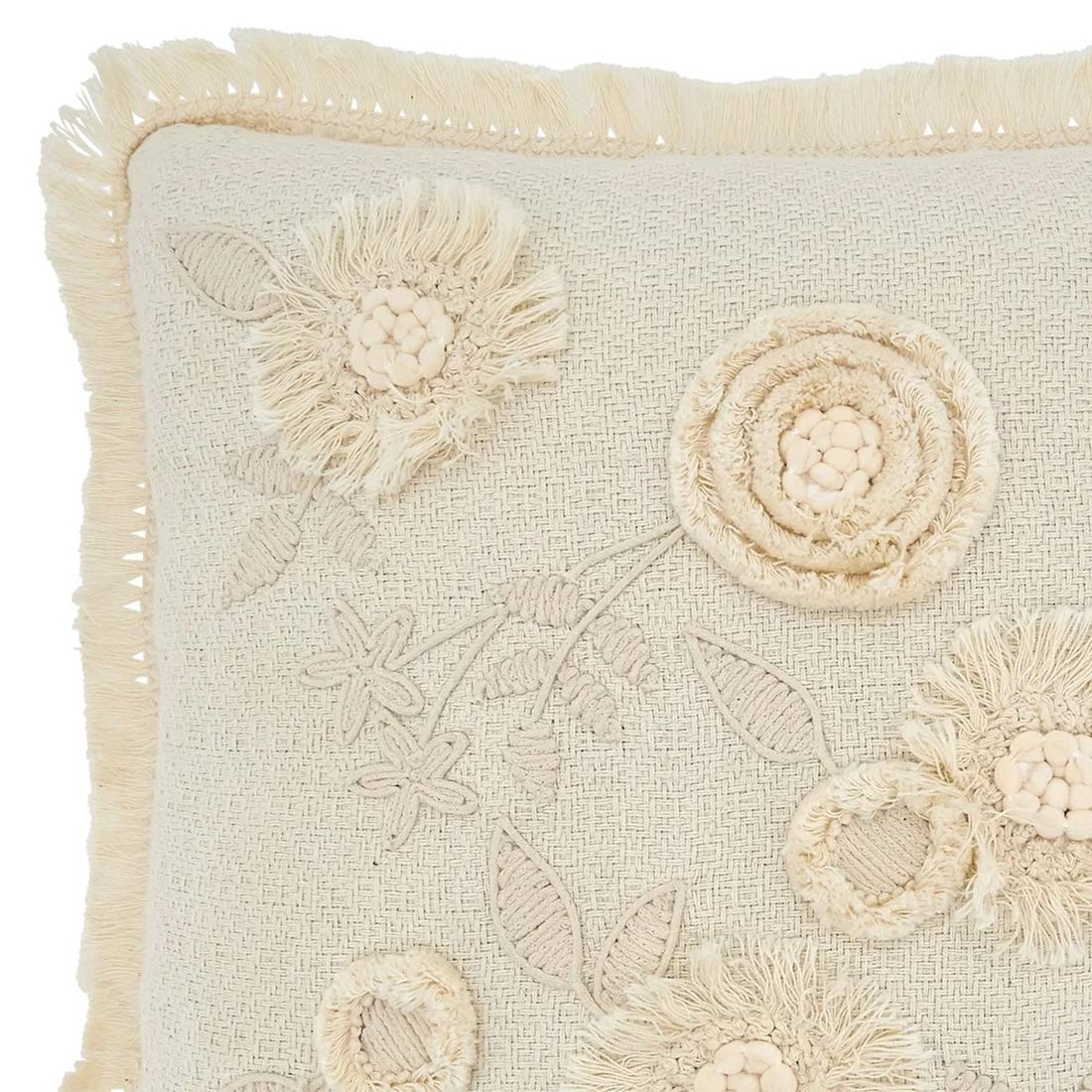 Fennco Styles Delicate Flower Fringe Applique Cotton Decorative Throw Pillow Cover & Insert 18 x 18 Inch - Ivory Accent Pillow for Home, Couch, Living Room and Everyday Décor