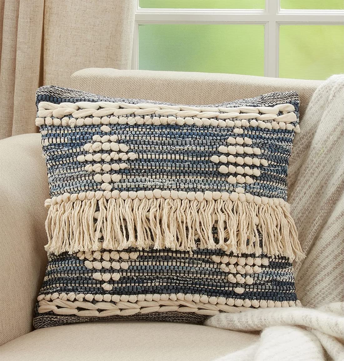Fennco Styles Diamond Fringe Chindi Cotton Decorative Throw Pillow 18" W x 18" L - Blue Square Cushion for Home, Couch, Living Room, Bedroom, Office and Holiday Décor