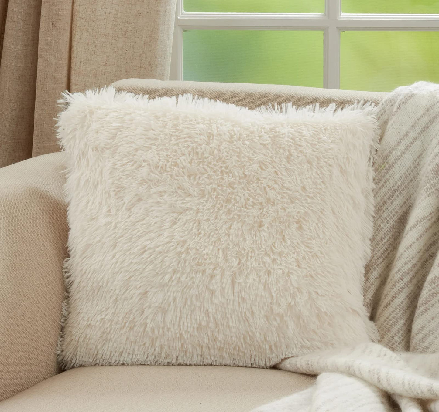 Fennco Styles Classic Faux Fur Decorative Throw Pillow Cover 18 x 18 Inch - Ivory Plush Cushion Case for Home, Couch, Living Room, Office and Holiday Décor