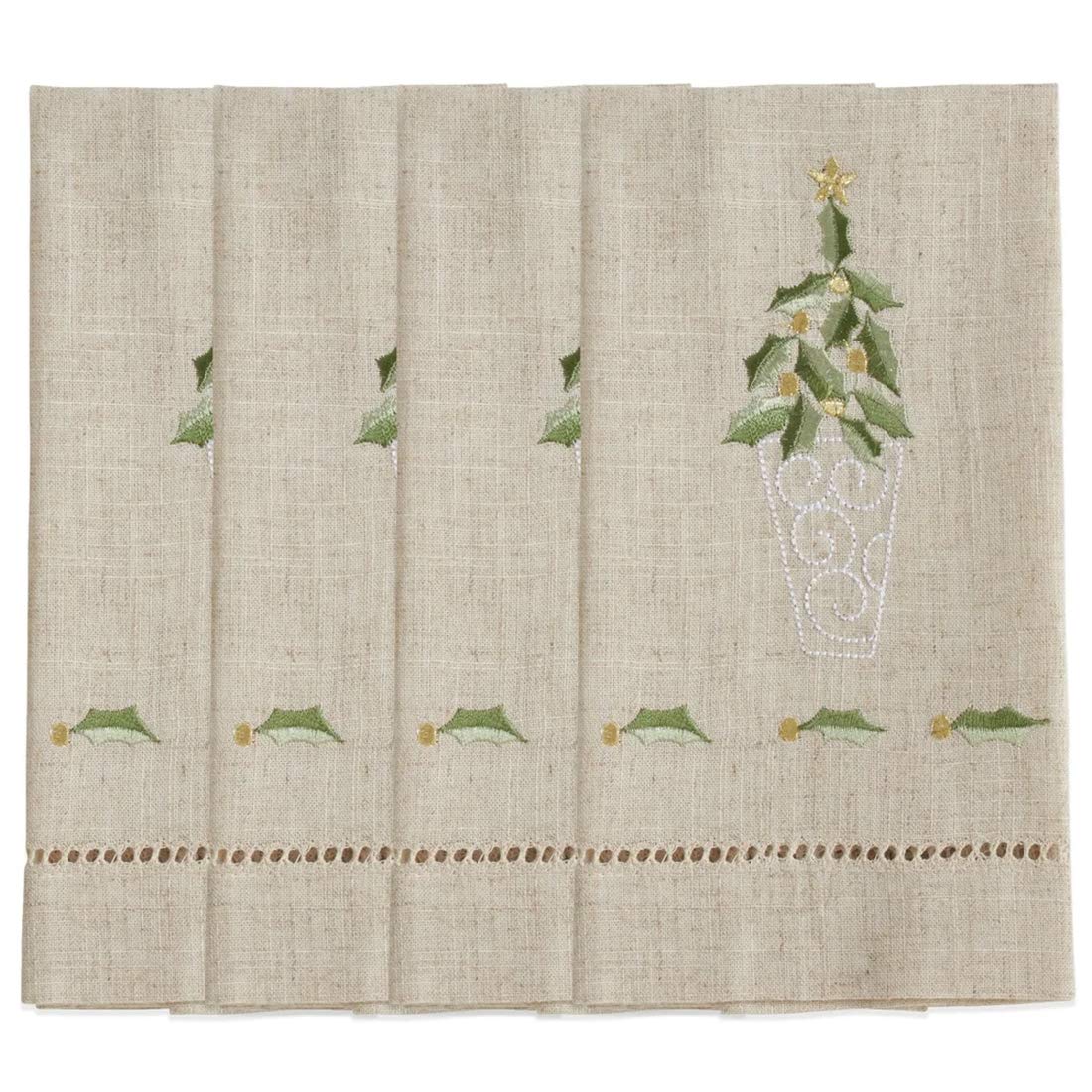Fennco Styles Embroidered and Hemstitched Design Topiary Linen-Poly Guest Towels 14 x 22 Inch, Set of 4 – Natural Modern Hand Towels for Christmas, Bathroom Decor, Bar Accessories, Wedding Gift