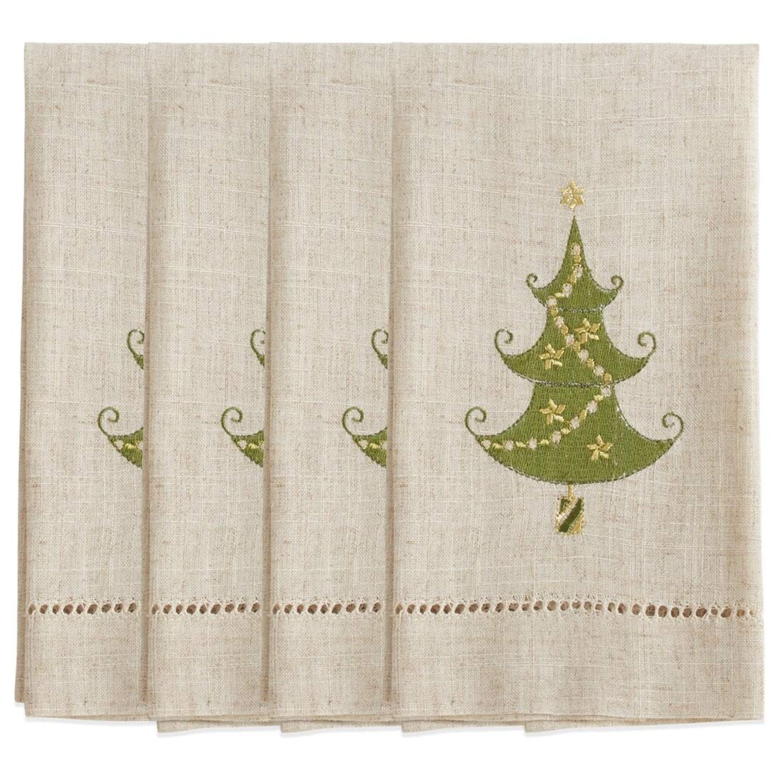 Fennco Styles Embroidered and Hemstitched Design Lighted Christmas Tree Linen-Poly Guest Towels 14 x 22 Inch, Set of 4 – Natural Modern Hand Towels for Bathroom Decor, Bar Accessories, Wedding Gift