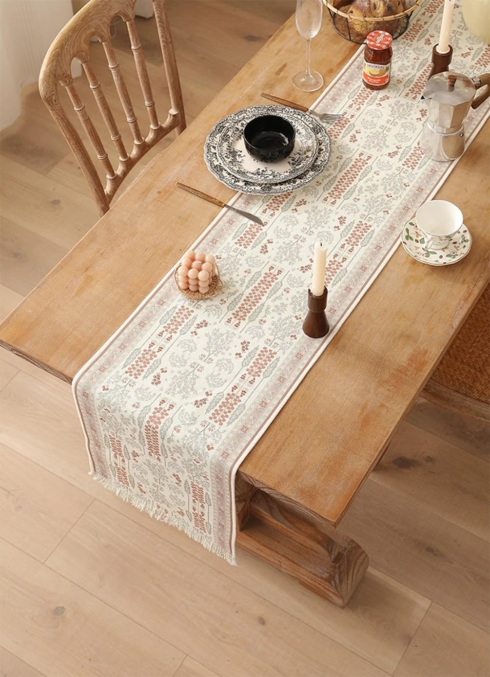 Fennco Styles Coral Floral Print Tassel Cotton Blend Woven Table Runner 14" W x 71" L