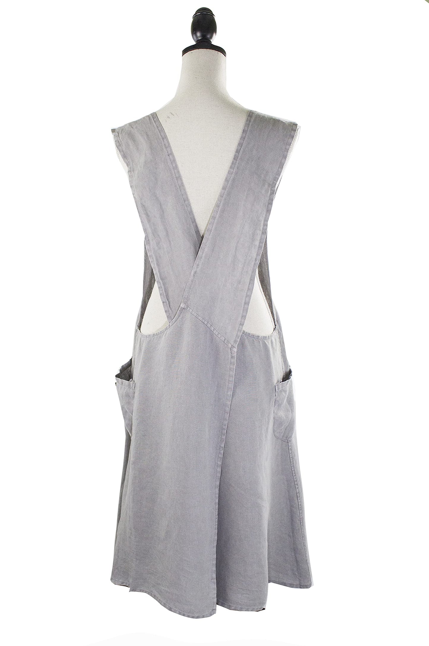 Fennco Styles Solid Criss Cross Back Apron Pure 100% Linen Cooking Kitchen Apron