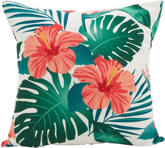 Fennco Styles Monstera Hibiscus Poly Filled Decorative Throw Pillow 18" W x 18" L - Multicolored Tropical Cushion for Home, Indoor Outdoor, Living Room, Couch, Bedroom and Office Décor