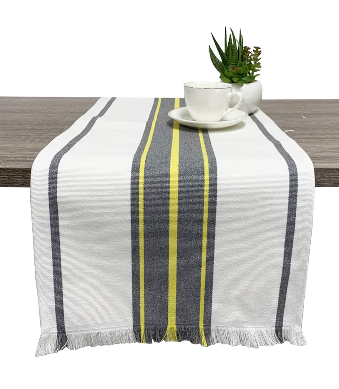 Fennco Styles Neural Stripes Fringe Canvas Cotton Table Linen