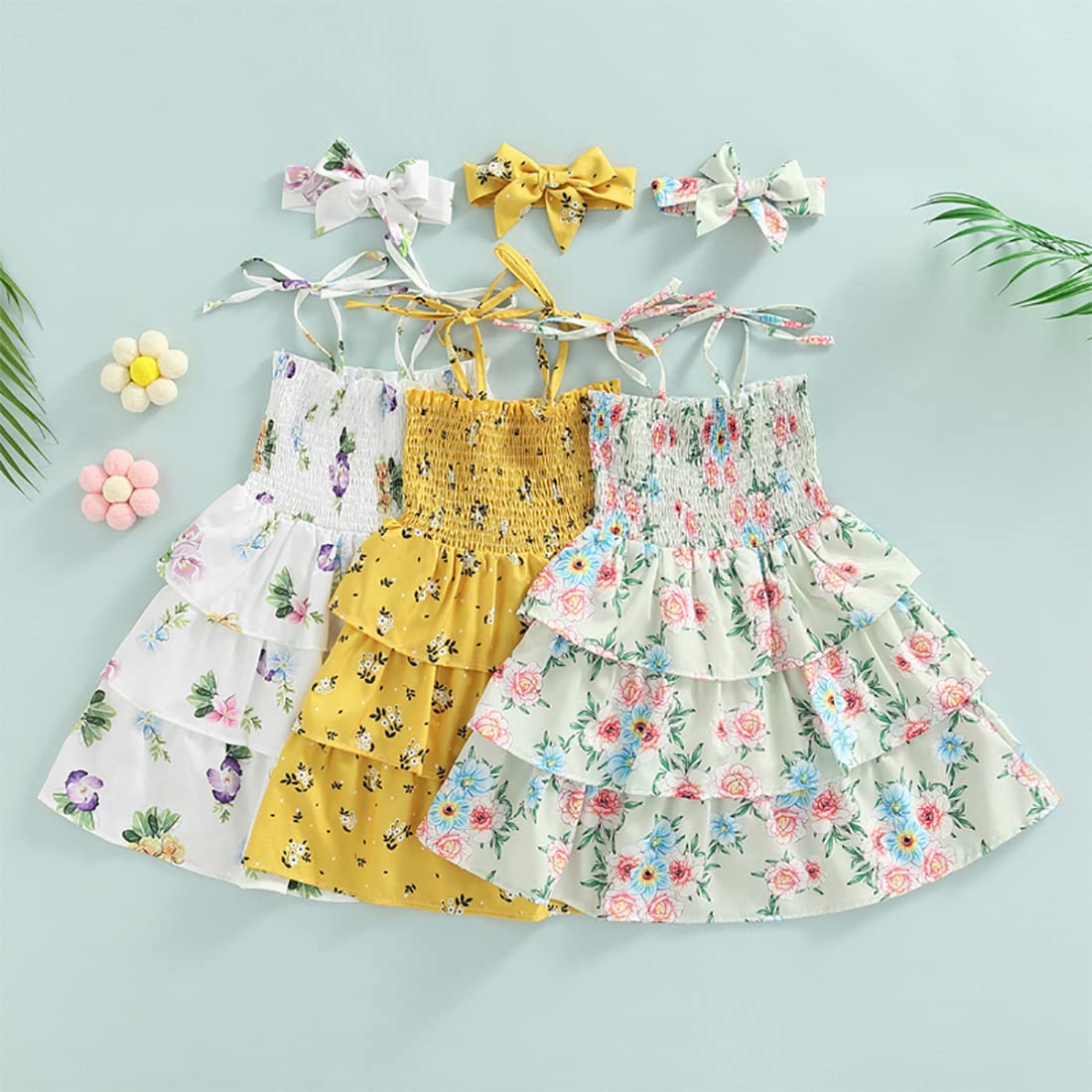 stylesilove Baby Toddler Girls Floral Print Smocked Tiered Sleeveless Dress & Headband 2pcs Summer Ruffle Sundress Outfit
