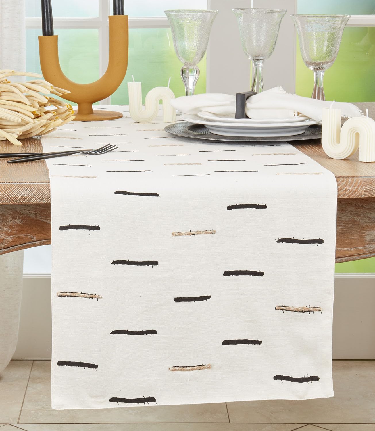 Fennco Styles Embroidered Dashes Design Cotton Table Runner 16" W x 72" L - White Striped Woven Table Cover for Everyday Use, Dining Room, Banquets, Family Gatherings, Holidays and Home Décor