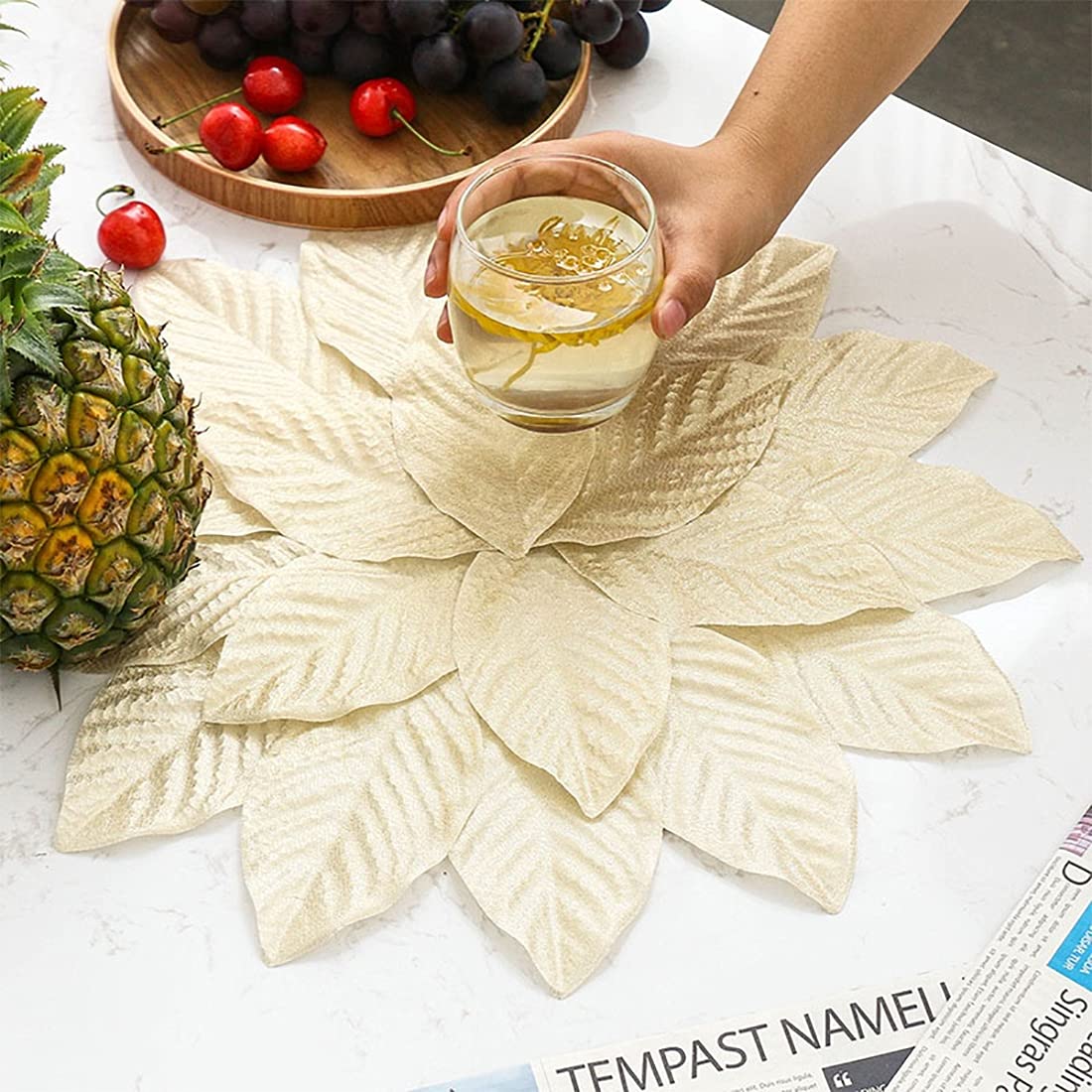 Fennco Styles Handmade Leaf Shaped Shimmer Placemats 14 Inches Round, Set of 4 – Champagne Flower Table Mats for Home, Dining Room Décor, Banquets, Indoor & Outdoor and Special Events