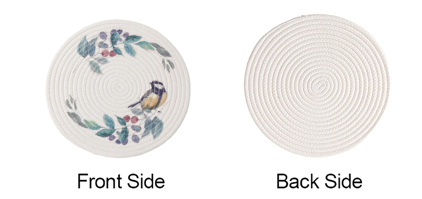 Fennco Styles Rabbit & Botanical Print Cotton Blend Woven Placemats 12" Round, Set of 4 - Cartoon Animal Design White Table Mats for Home Décor, Dining Table, Banquet, Holiday and Family Gathering