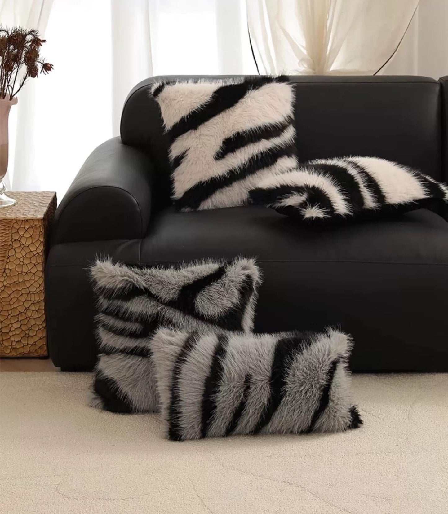 Fennco Styles Zebra Faux Fur Animal Design Decorative Throw Pillow Cover 18" W x 18" L – Black Stripe Plush Cushion Case for Couch, Bedroom, Living Room and Office Décor