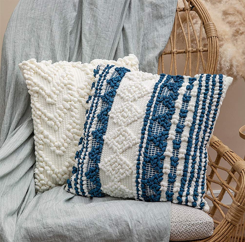Fennco Styles Handmade Geometric Cotton Blend Decorative Throw Pillow Cover 18" W x 18" L - White Woven Pillow Case for Home, Couch, Bedroom, Bench and Office Décor