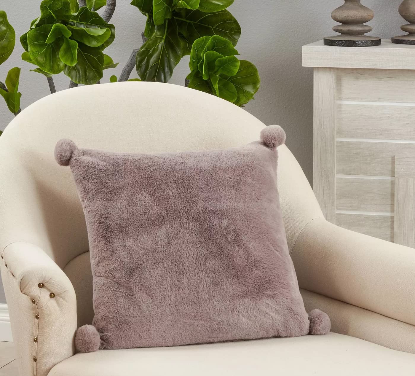 Fennco Styles Plush Faux Rabbit Fur Pom Pom Decorative Filled Throw Pillow 18" W x 18" L – Grey Cushion for Couch, Bedroom, Living Room and Office Décor