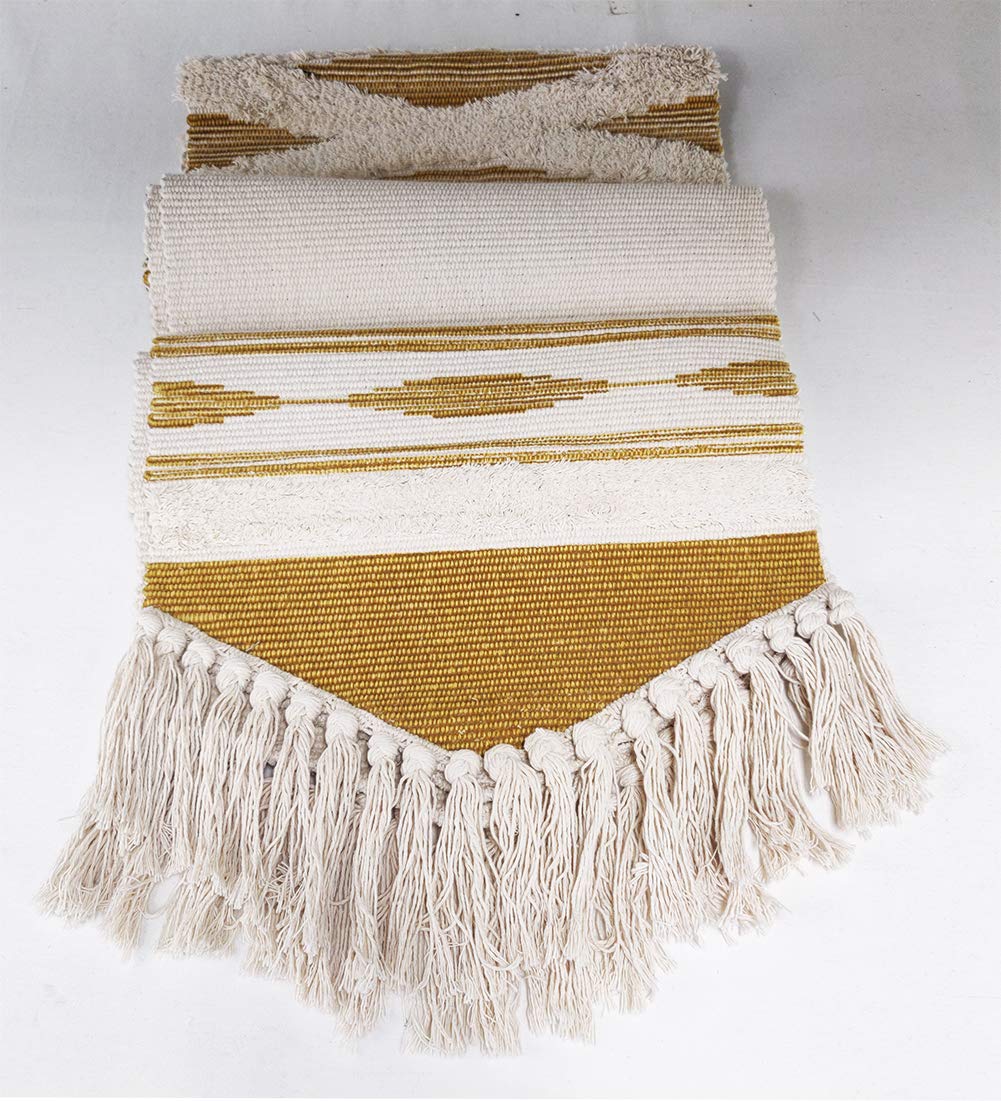 Fennco Styles Geometric Design Canvas Cotton Table Runner with Tassels – 14”W x 71”L Table Cover for Home Décor, Dining Table, Banquets, Holidays and Special Occasions