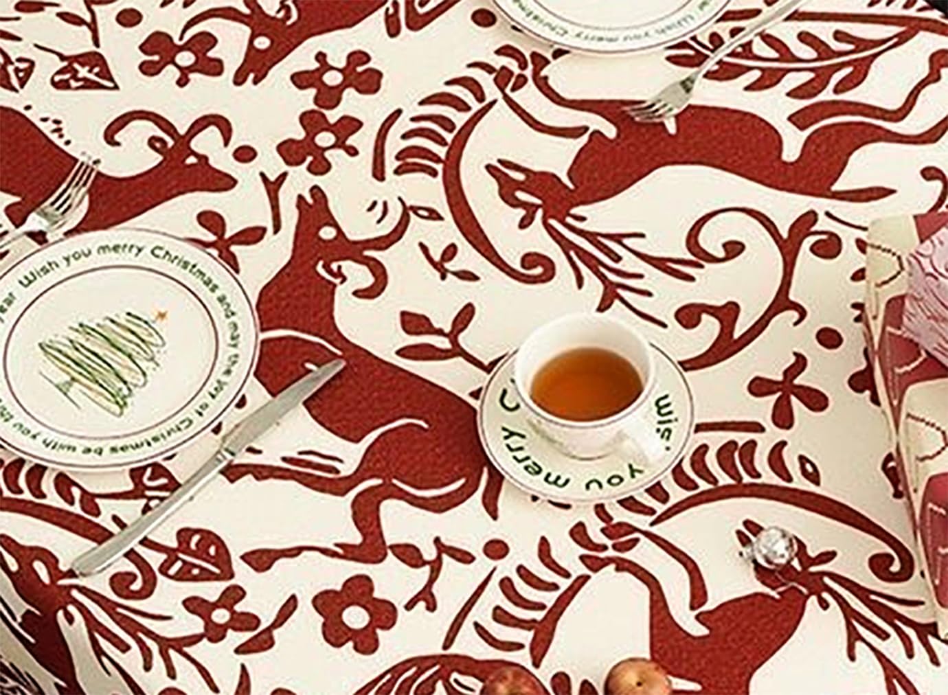 Fennco Styles Red Deer and Floral Pom Pom Christmas Tablecloth - Cotton Blend Festive Table Cover for Winter Holidays, Banquets, Family Gatherings and Special Occasions