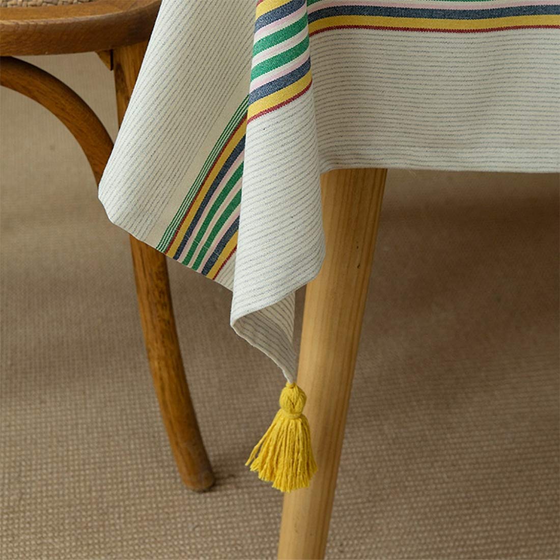 Fennco Styles Classic Striped Tassel Woven Tablecloth 55" W x 55" L - Ivory Table Cover for Banquets, Holiday, Special Events, Home, Dining Room Décor and Everyday Use