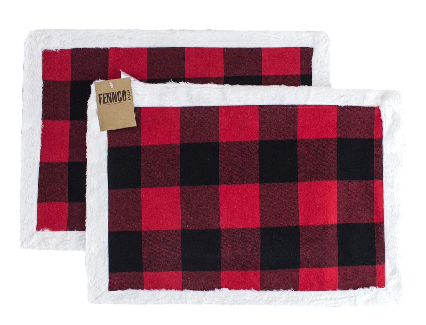 Fennco Styles Holiday Buffalo Plaid Red and Black with White Faux Fur Border Design Table Runner 16" W x 72" L