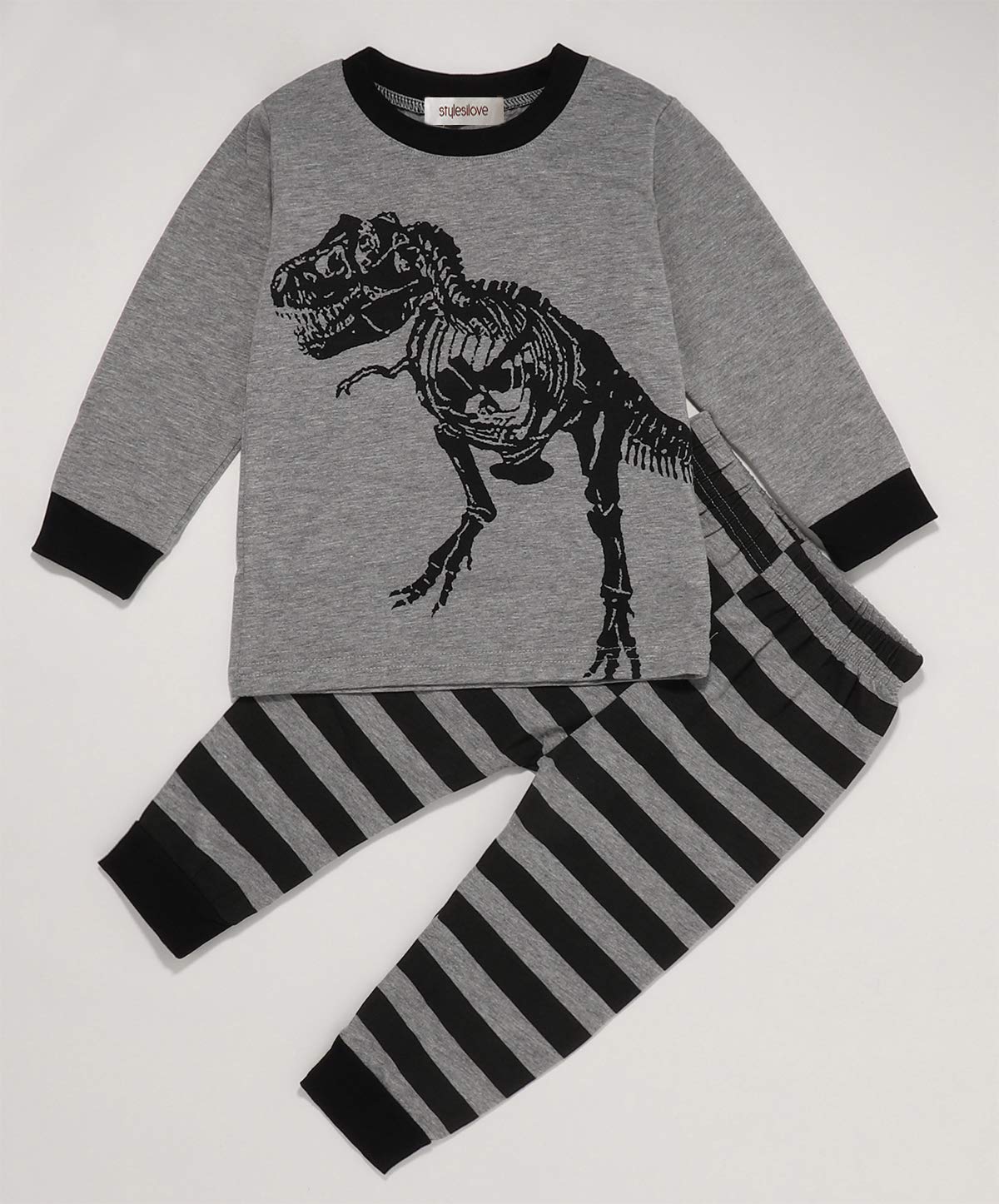 Styles I Love Baby Boys Grey Dinosaur T-Shirt and Stripe Pants 2pcs Long Sleeve Cotton Outfit