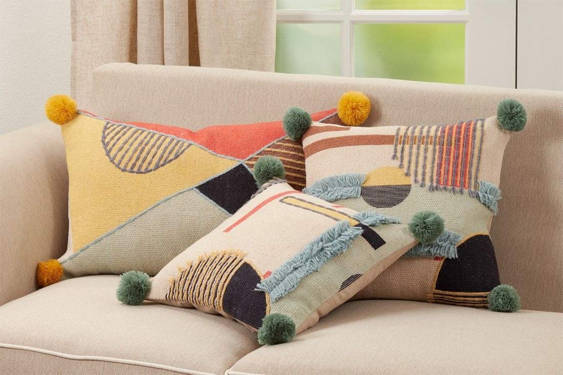 Fennco Styles Pom Pom Geometric Embroidered Cotton Decorative Throw Pillow 20" W x 20" L - Blue Cushion for Home, Couch, Living Room and Office Décor