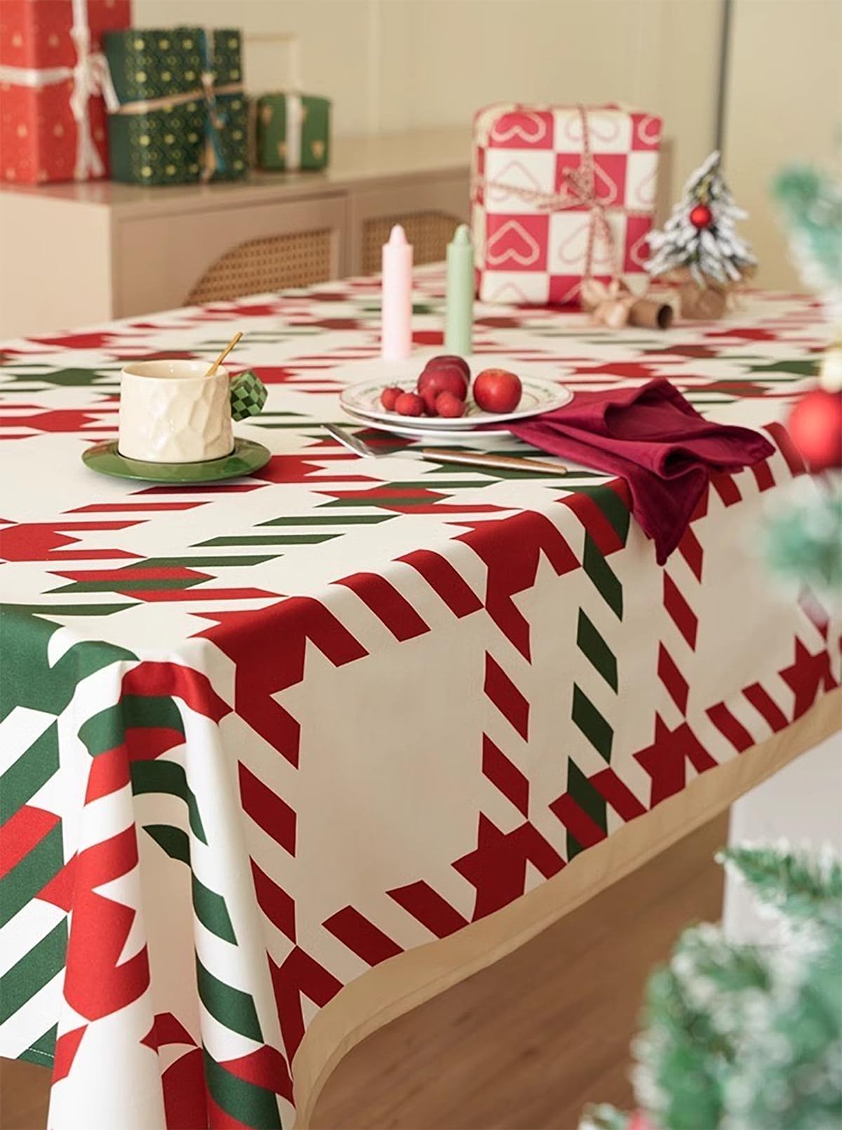 Fennco Styles Red and Green Holiday Plaid Pom Pom Christmas Tablecloth - Cotton Blend Festive Table Cover for Winter Holidays, Banquets, Family Gatherings and Special Occasions