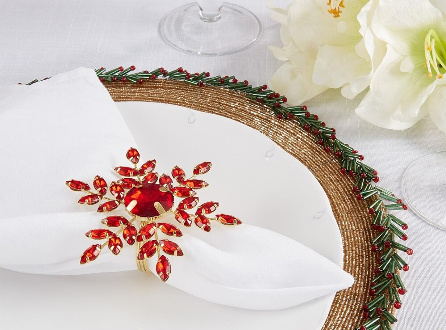 Fennco Styles Beaded Elegant Snowflake Napkin Rings, Set of 4 - Jeweled Holiday Napkin Holders for Home Décor, Christmas, Banquets, Weddings and Special Occasions