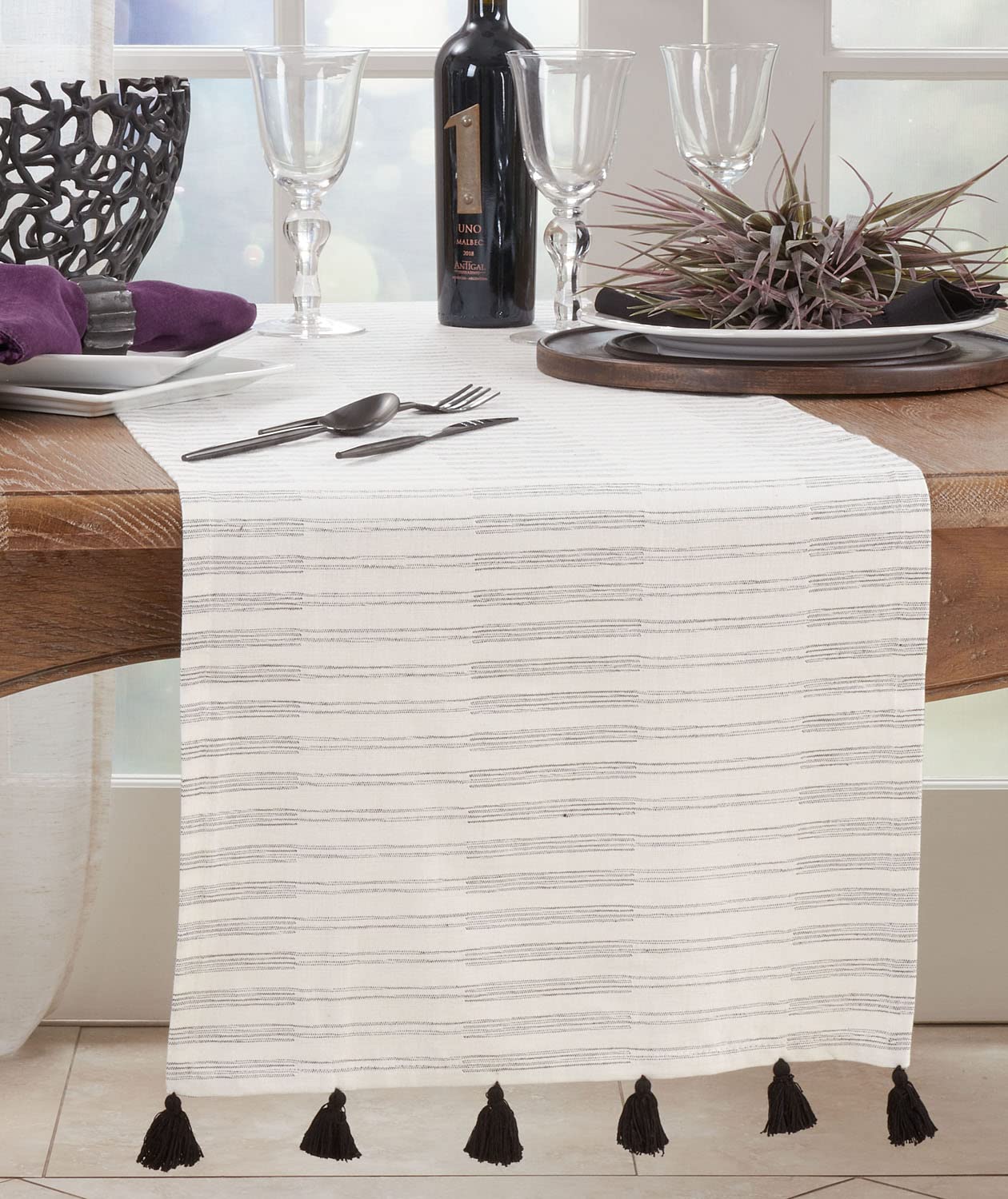 Fennco Styles Modern Striped Cotton Tassels Table Runner 16" W x 72" L - Black & White Woven Table Cover for Home Décor, Dining Table, Banquets, Family Gathering and Special Events