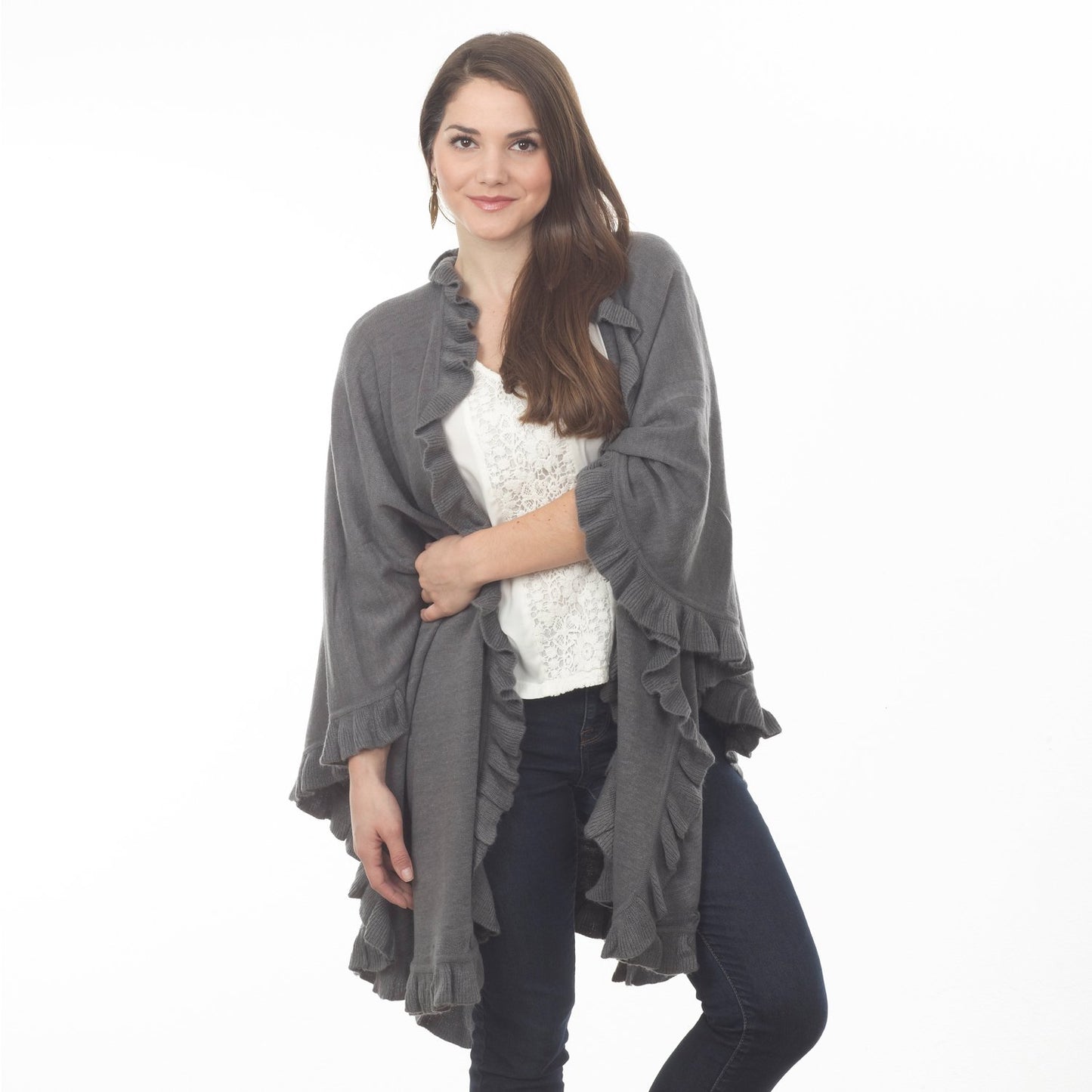 stylesilove Michonne Collection Knit Ruffled 44 x 78 Inch Wrap Poncho Cape for Cold Weather