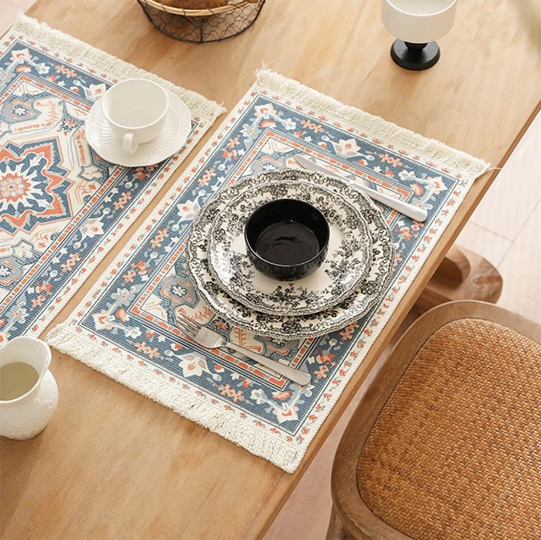 Fennco Styles Antique Turkish Printed with Fringe Placemats 14" W x 19" L, Set of 4 - Brown Oriental Woven Table Mats for Dining Room, Banquets, Family Gatherings, and Holidays