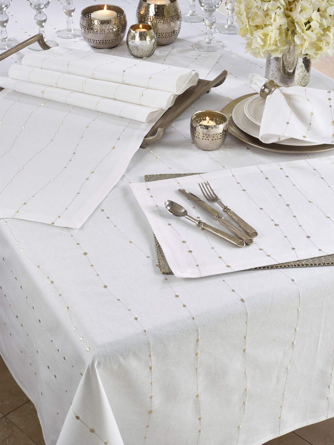 Fennco Styles Modern Silver Embroidery 100% Cotton Tablecloth - White Table Cover for Everyday Use, Dining Room Décor, Wedding, Special Events and Holiday