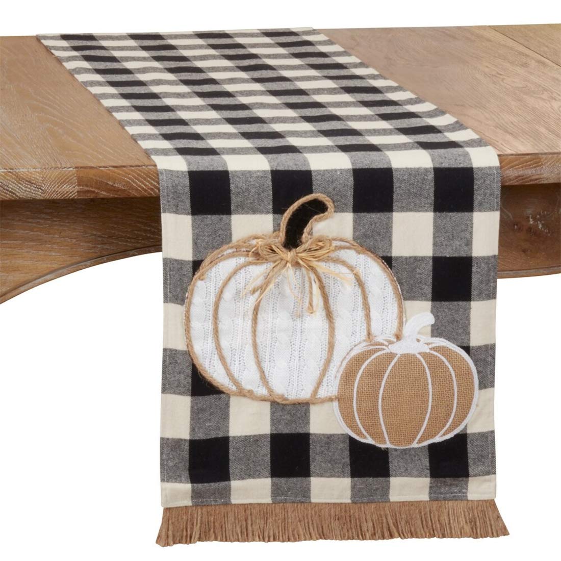 Fennco Styles Buffalo Plaid Harvest Pumpkin Fringe Table Runner 14" W X 72" L - Black & White Traditional Table Cover for Home, Banquets, Thanksgiving, Christmas, Family Gathering and Special Events